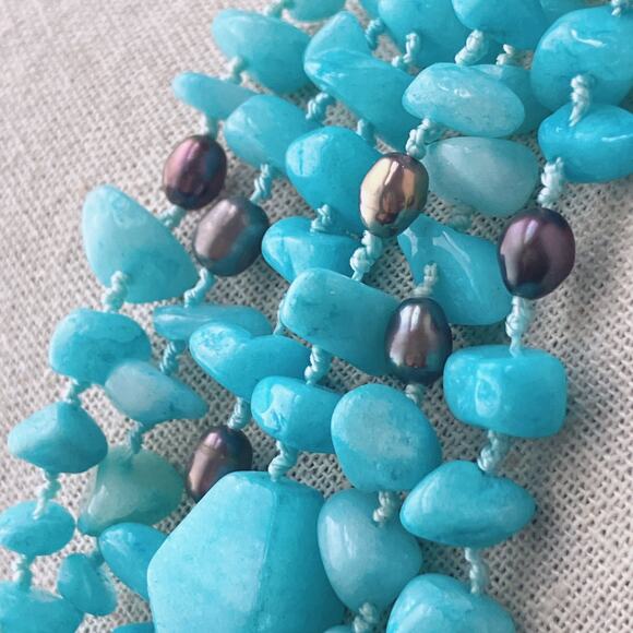 Hand-Knotted Multi-Strand Aqua Color Amazonite Bib Necklace w/ Toggle Clasp 19” - Picture 13 of 16